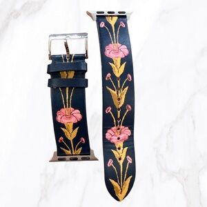 Tory Burch Leather Apple Watch Band Navy Floral Motif, Size Fits 38/40/41/42mm